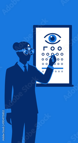 Eye Doctor Examines Vision Using Chart and Pinhole Glasses, Medical Healthcare Illustration