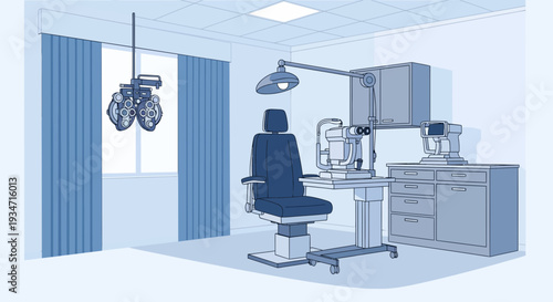 Eye Doctor's Office: A Detailed Illustration Of Examination Instruments And Equipment