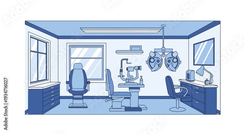 Eye Doctor's Office Interior: A Modern Optometry Clinic Depiction in Blue Tones
