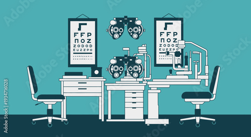 Eye Doctor's Office Illustration Featuring Vision Charts and Advanced Equipment