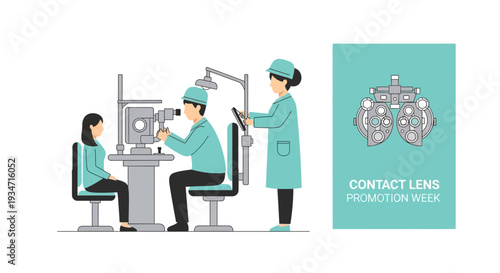Eye Examination And Contact Lens Week Illustration With Patient And Medical Staff