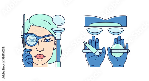 Eye Examination And Contact Lens Procedure Depiction In Colorful And Modern Vector Style