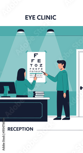Eye Examination Illustration Depicting Clinic Scene Featuring Healthcare Professionals and Patient