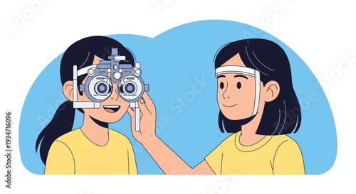 Eye Examination Illustration Depicting Child Undergoing Vision Test with Ophthalmologist