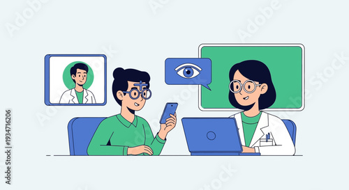 Eye Examination Consultation: Patient And Doctor Telemedicine Digital Illustration