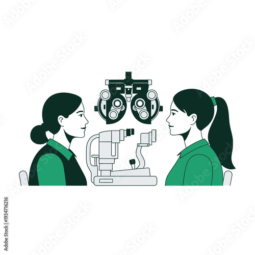Eye Examination Illustration Featuring Optometrist and Patient with Medical Ophthalmology Equipment