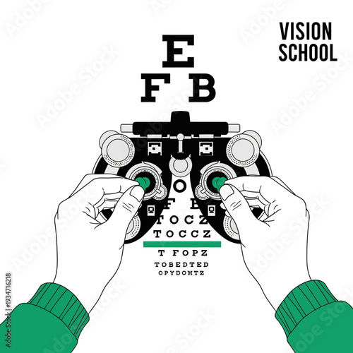 Eye Examination Illustration Featuring Optometry Equipment and Detailed Vision Chart with Precise