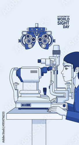 Eye Examination Illustration Featuring Optometry Equipment and Patient on World Sight Day