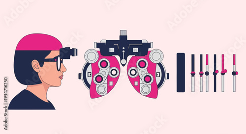 Eye Examination Illustration Featuring Patient, Optometry Equipment, and Vision Tests