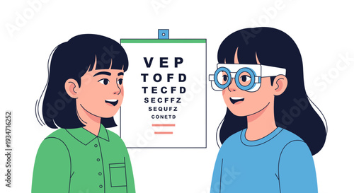 Eye Examination Illustration Featuring Two Smiling Individuals and Eye Chart