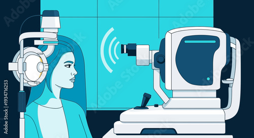 Eye Examination Illustration Featuring Patient Undergoing Optical Diagnostic Procedure
