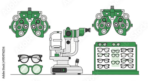 Eye Examination Equipment And Eyeglasses Illustrating Vision And Optical Science