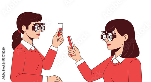 Eye Examination Illustration Featuring Two Women During Sight Test in Flat Vector Design
