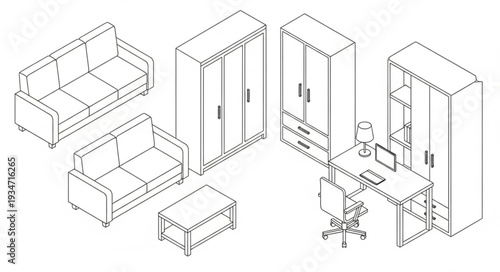 Isometric line drawing of modern furniture set for home interior.