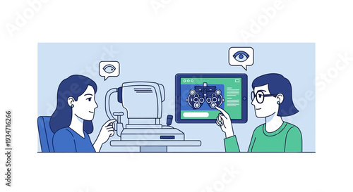 Eye Examination Illustration: Modern Ophthalmology and Vision Care Clinic Process