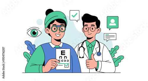 Eye Examination Illustration Showing a Doctor and Patient Smiling During an Eye Test Session