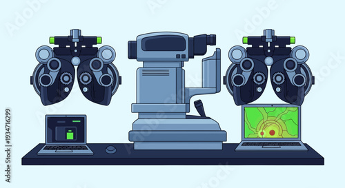 Eye Examination Equipment Depicted With Technological Devices on a Blue Backdrop