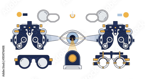 Eye Examination Illustration Showing Vision Testing Equipment and Eye Exam Instruments
