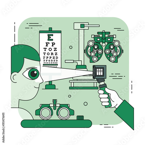 Eye Examination Illustration Showing Vision Testing and Ophthalmic Instruments in Medical Setting