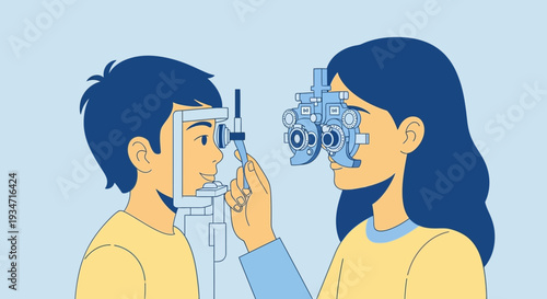 Eye Examination Illustration Showing Vision Testing With Ophthalmologist and Child Patient