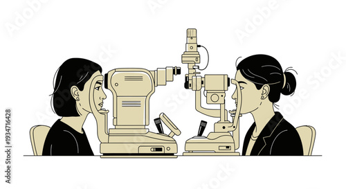 Eye Examination Illustration: Two Women Undergoing a Comprehensive Optometric Test