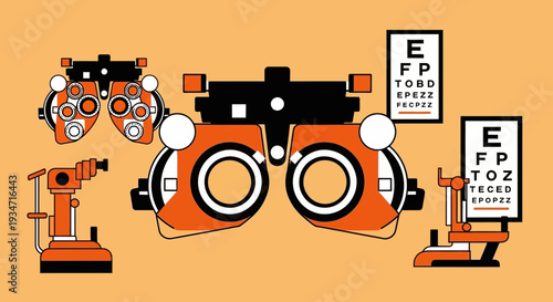 Eye Examination Equipment Illustration: Modern Optometry Diagnostics and Visual Acuity Tests