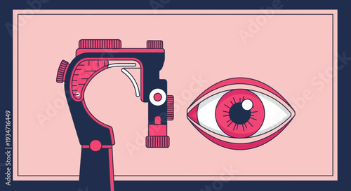 Eye Examination Illustration with Ophthalmic Instruments and A Focused Pink Iris Detail