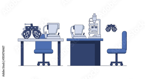 Eye Examination Equipment on Desk in An Optometry Clinic Vector Illustration