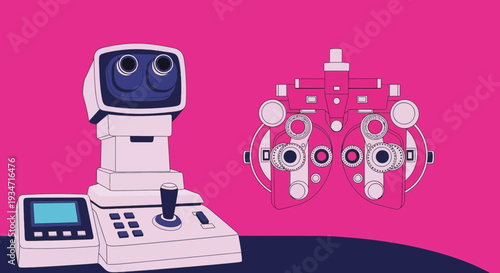 Eye Examination Equipment on Pink Background: A Contemporary Medical Illustration
