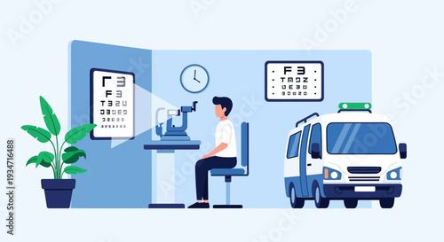 Eye Examination in Clinic with Eye Chart and Medical Vehicle Illustration