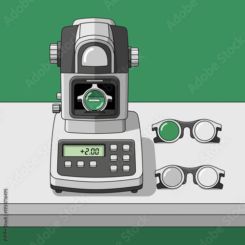 Eye Examination Equipment With Stylish Eyeglasses Displaying Optical Lens Power Measurement Results