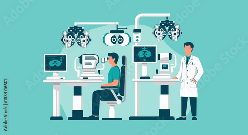 Eye Examination Procedure: Medical Illustration of Vision Test and Ophthalmology Clinic