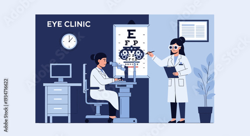 Eye Examination Procedure: Medical Professionals Conducting Vision Testing in a Clinic Setting