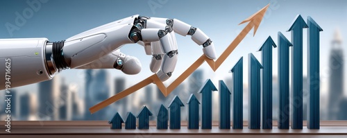 Robot hand lifting upward arrow over rising bar graph representing business growth and AI-driven success