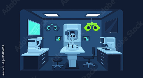 Eye Examination Room Illustration With Equipment Showing Eye Care Diagnosis and Treatment