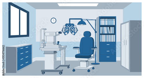 Eye Examination Room Illustration With Professional Equipment Ready For The Patient Inspection