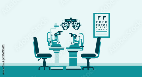 Eye Examination Room Illustration With Professional Eye Exam Equipment and Charts