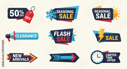 Collection of various sale and discount banners and stickers for advertising and marketing purposes on a beige background, Generative AI.