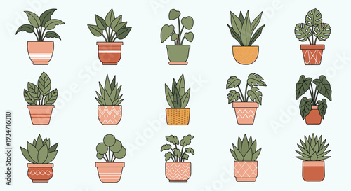 Collection of various potted plants and succulents on a light blue background, Generative AI.