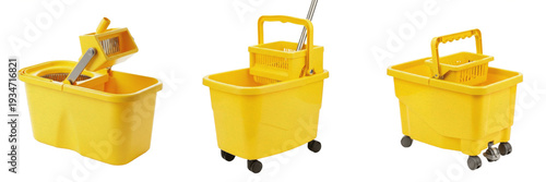 Tableau sur toile Set and collection yellow commercial mop buckets with wringer and wheels for pro