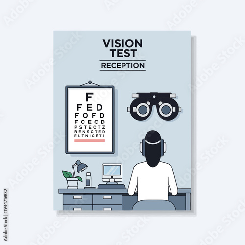 Eye Examination Visual Acuity Clinic: Medical Office Illustration Featuring Patient and Optometrist