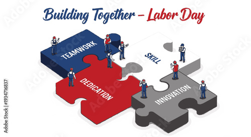 Labor day teamwork concept with puzzle pieces labeled teamwork dedication skill and innovation with miniature workers assembling them