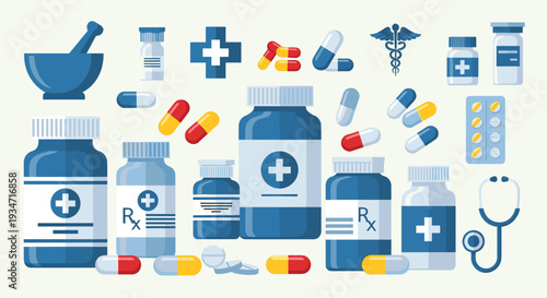 Collection of various pharmaceutical medicine bottles and pills with medical symbols on a light green background, Generative AI.