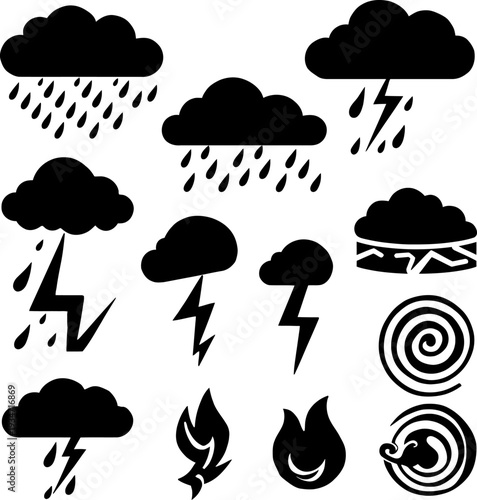 Weather and Storm Icon Set – Rain Cloud, Lightning, Thunder, Fire, and Wind Silhouette Collection