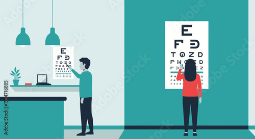 Eye Examination Visual Illustration Showing Patient and Doctor Testing Eyesight in Clinic