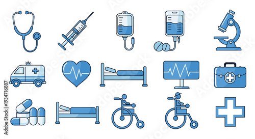 Medical icons set including stethoscope syringe microscope ambulance hospital bed and more, Generative AI.
