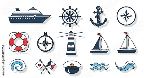 Nautical icons including cruise ship lighthouse sailboats and navigation symbols, Generative AI.