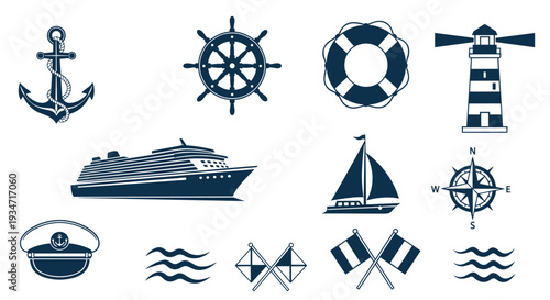 Nautical icons including anchor ship wheel lifebuoy lighthouse sailboat compass, Generative AI.