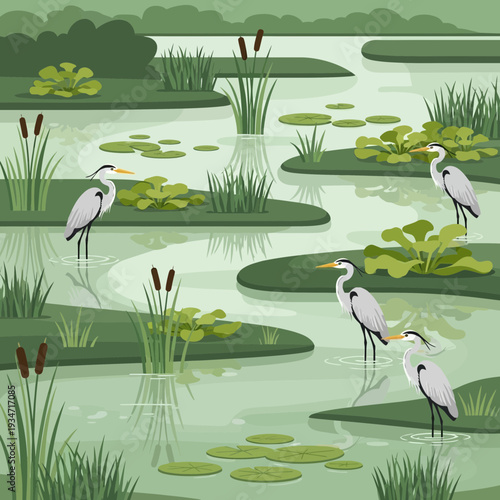 Serene Wetland Scene with Herons