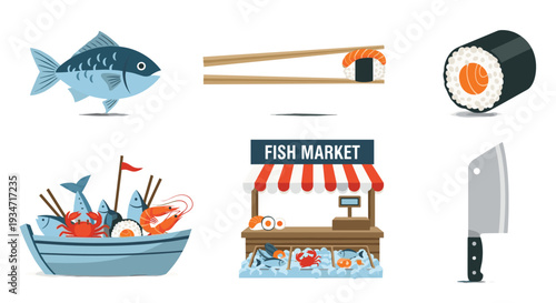 Colorful illustration of various sushi and seafood market icons on including fish boat sushi roll knife and chopsticks, Generative AI.